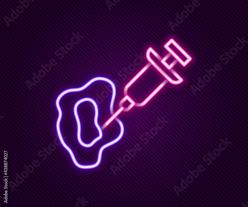 Glowing neon line GMO syringe icon isolated on black background. Genetically modified organism acronym. Dna food modification. Colorful outline concept. Vector