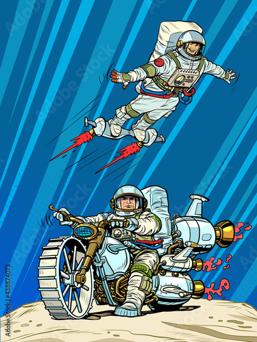 Astronauts on space transport. Flying and riding a motorcycle of the future