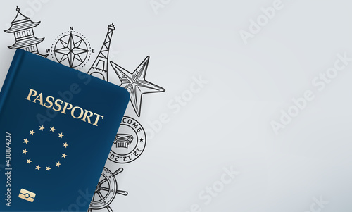 World travel concept with passport and doodling elements