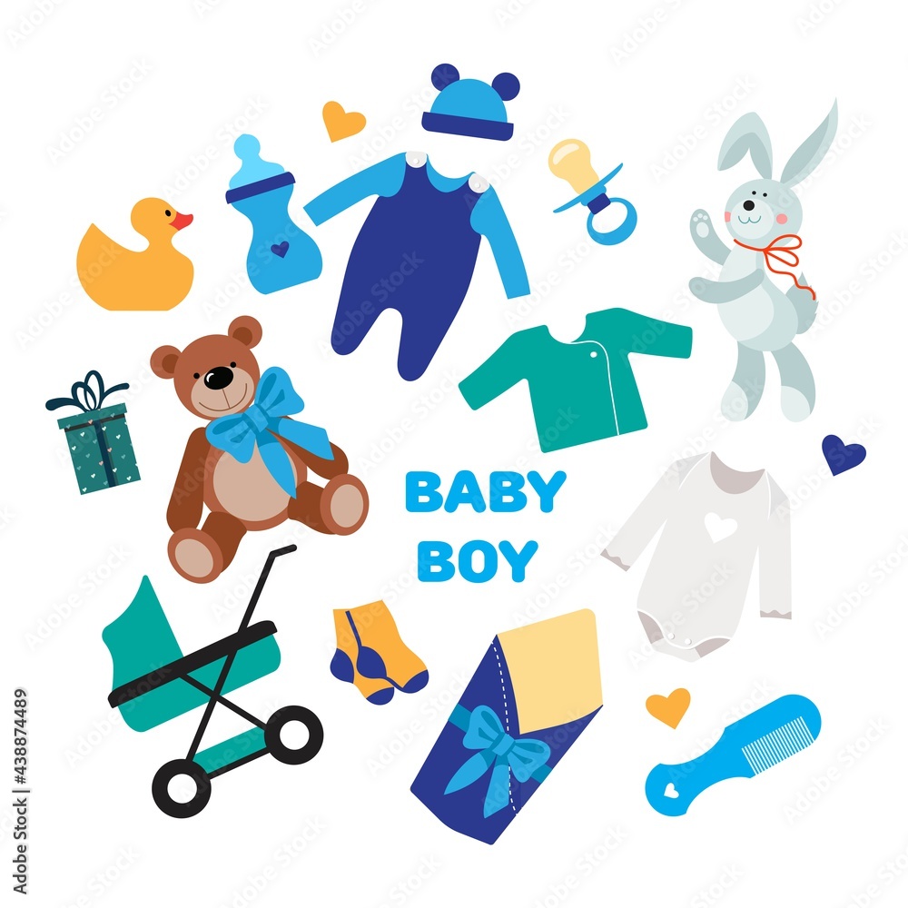 A set of baby things for babies. Illustration in flat style.