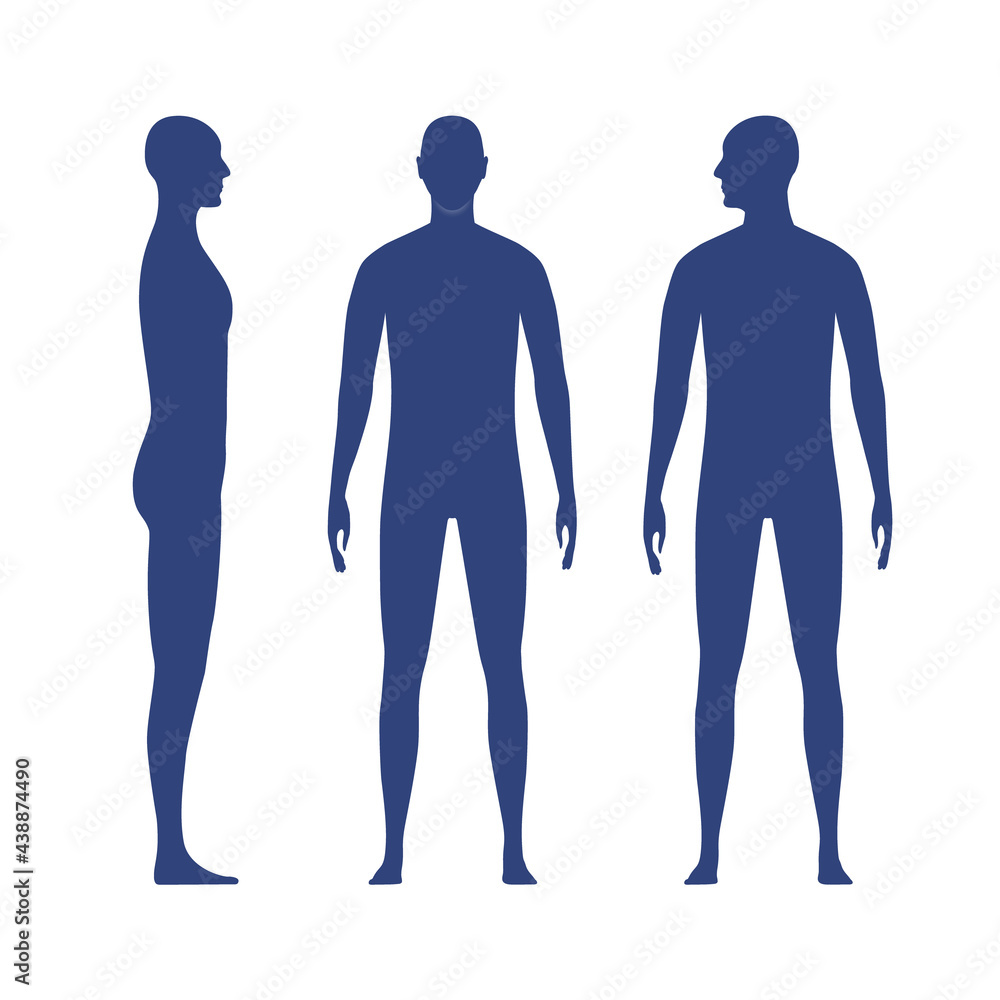 Front and side views human body silhouette of an adult male. Shadow of a standing man with a head turned to the shoulder. Front and side views human body silhouette of an adult male. Shadow of a standing man with a head turned to the shoulder.
