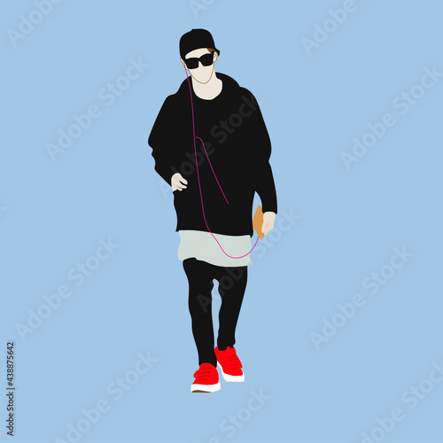 Vector illustration of Kpop street fashion. Street idols of Koreans. Kpop male fashion idol. The guy in the black tracksuit.