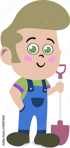 A Cute and Adorable Child Character in Cartoon Style. Kindergarten Preschool Kid Dressed as Professional Farmer. Small Kid with shovel in hand. Dream job. Big Dreams. Life Goals.