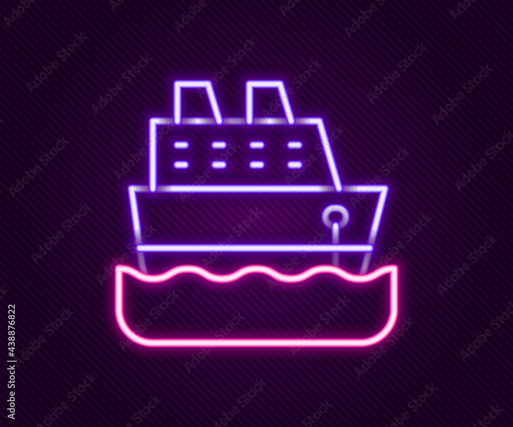 Glowing neon line Cruise ship icon isolated on black background. Travel tourism nautical transport. Voyage passenger ship, cruise liner. Worldwide cruise. Colorful outline concept. Vector Glowing neon line Cruise ship icon isolated on black background. Travel tourism nautical transport. Voyage passenger ship, cruise liner. Worldwide cruise. Colorful outline concept. Vector