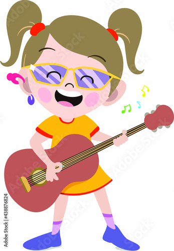 A Cute and Adorable Child Character in Cartoon Style. Kindergarten Preschool Girl Dressed as Professional singer. Small Girl Child singing and playing guitar.  Dream job. Big Dreams. Life Goals.
