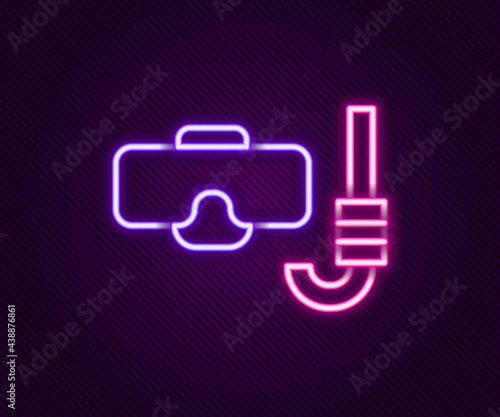 Glowing neon line Diving mask and snorkel icon isolated on black background. Extreme sport. Diving underwater equipment. Colorful outline concept. Vector