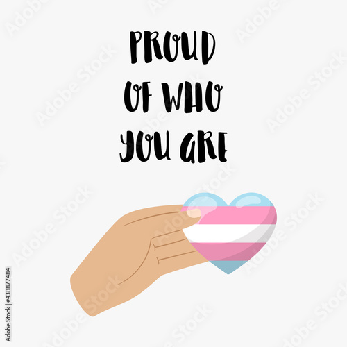 Vertical poster of LGBT Pride month. A hand holds a heart in the colors of the transgender flag. A symbol of tolerance, solidarity, peace, equality. Vector illustration isolated on a white background.