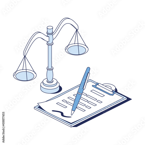 Scales, lawyer, document with pen. Vector 3d line isometric, color web icons, new flat style. Creative design idea for infographics.