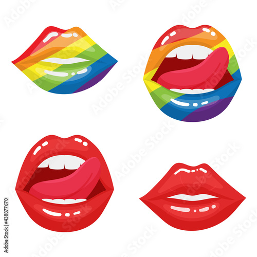 Open mouth. Sexy plump female lips. Tongue stuck out coquettishly. Lip makeup with pride month colors. Decorative element is isolated on a white background. LGBT Pride Month. Vector illustration.