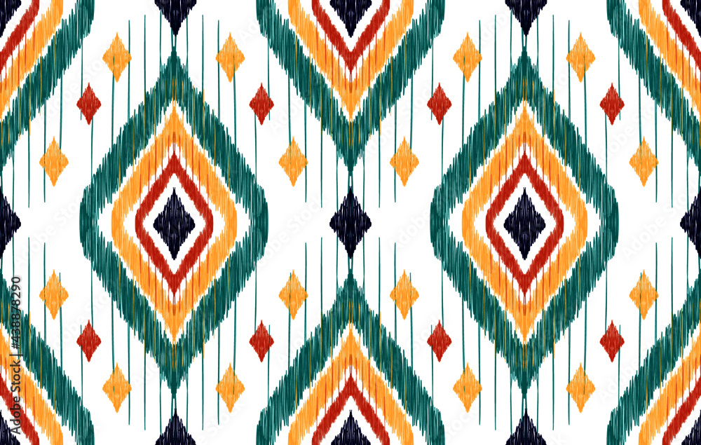 Ikat ethnic Indian seamless pattern design. Aztec fabric carpet mandala ornament native boho chevron textile decoration. Geometric African American style vector illustrations background. Ikat ethnic Indian seamless pattern design. Aztec fabric carpet mandala ornament native boho chevron textile decoration. Geometric African American style vector illustrations background.