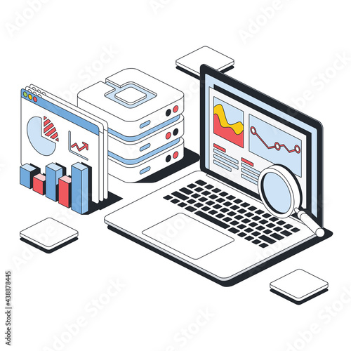 Big data analytics  graphs and charts  server storage. Vector 3d line isometric  color web icons  new flat style. Creative design idea for infographics.