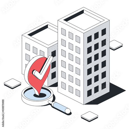 Houses buildings geolocation, search magnifier, pin map label. Vector 3d line isometric, color web icons, new flat style. Creative design idea for infographics.
