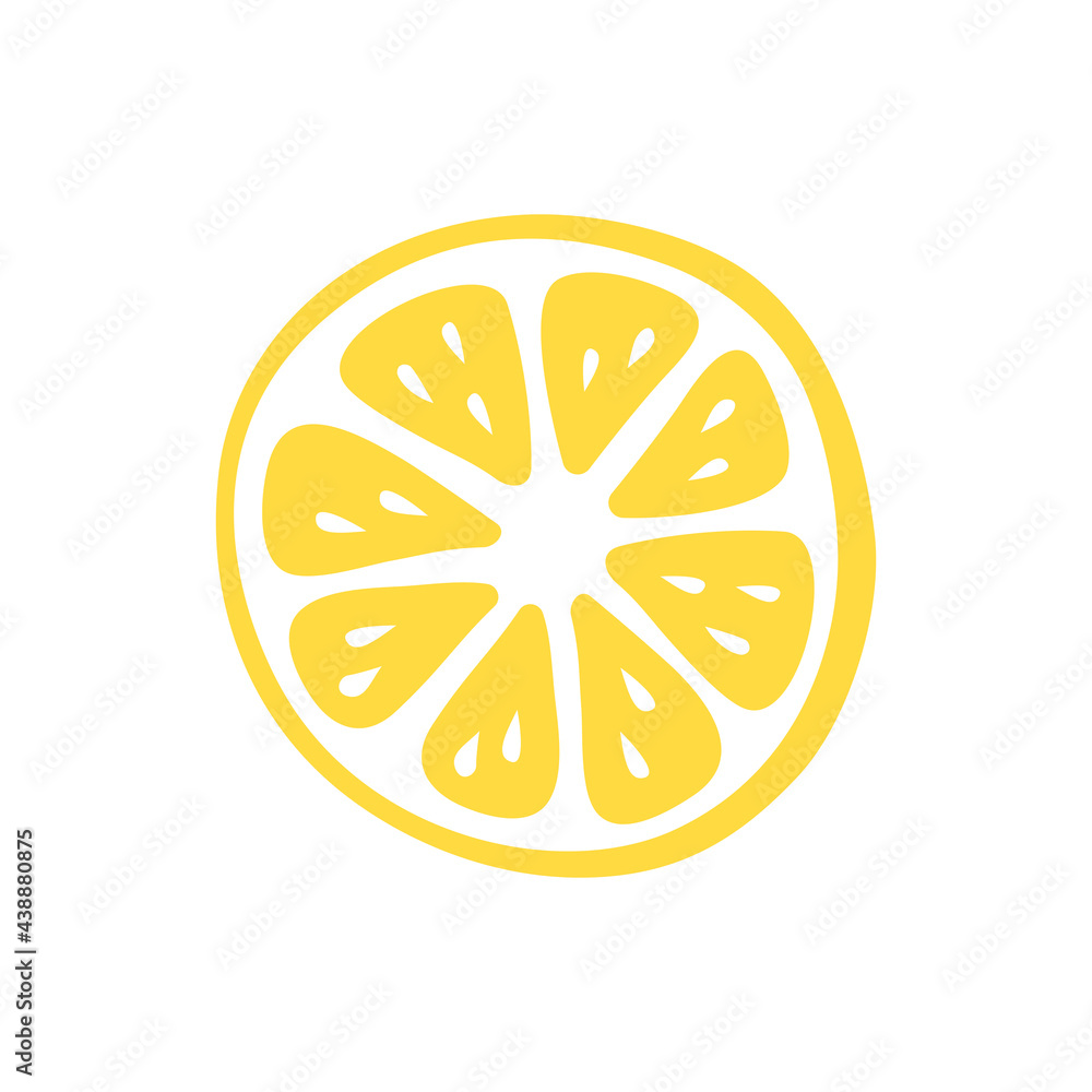 Lemon slice in a hand-drawn style. Vector illustration in cute simple style. Perfect for a poster in a cafe or in the kitchen, as well as for lemonade labels, cosmetics or as logo Lemon slice in a hand-drawn style. Vector illustration in cute simple style. Perfect for a poster in a cafe or in the kitchen, as well as for lemonade labels, cosmetics or as logo