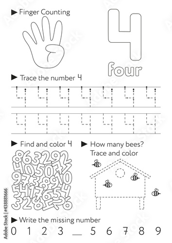 Worksheets for learning numbers. Learning and activity for kids. Number 4. Four. Black and white illustration.