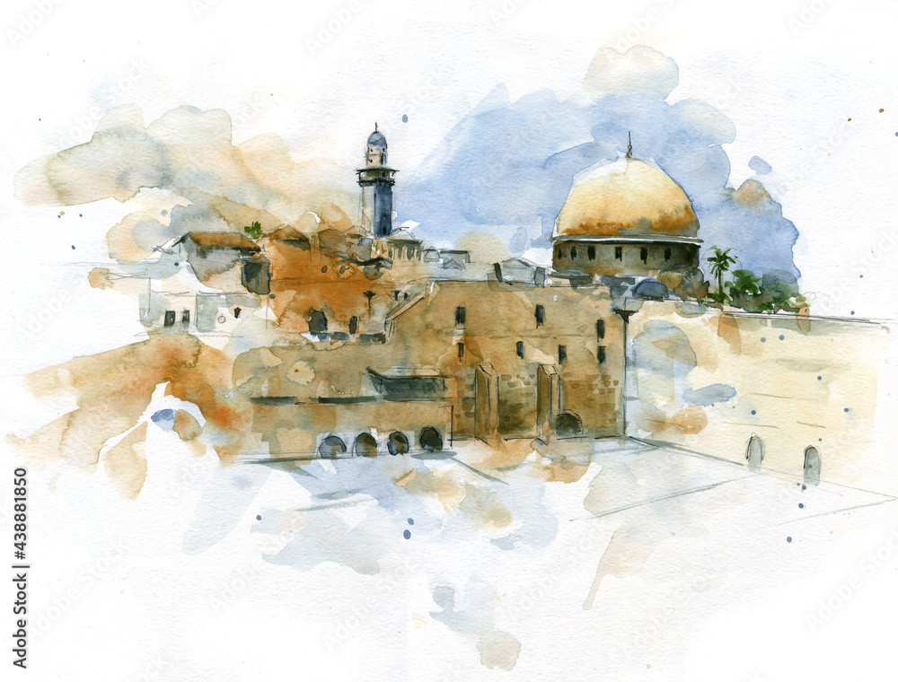 Fototapeta premium Watercolor drawing colorful sketch Jerusalem