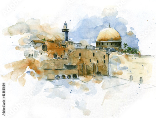 Watercolor drawing colorful sketch Jerusalem photo