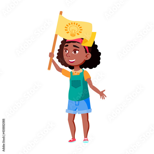 african girl waving flag in kid camp cartoon vector. african girl waving flag in kid camp character. isolated flat cartoon illustration