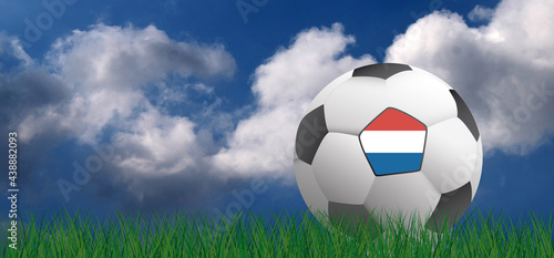 3D-illustratie. Football with flag of the Netherlands. Soccer on green football grass field. Blue sky background banner. wk  ek sport finale or sport. Holland or Dutch. orange stadium  supporters 2021