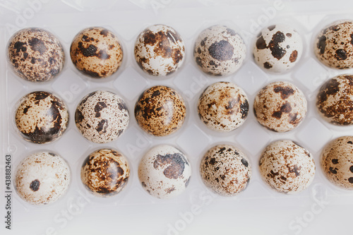 quail eggs in a package on a bright background for Easter