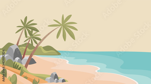 Sandy tropical beach vector flat illustration. Uninhabited desert island with blue sea and white sandy beach, palms stones and trees. Summer landscape, tropical scene for vacation and resort. © Pavlo Plakhotia