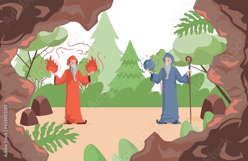 Wizards preparing to fight vector flat illustration. Old witch men in red and blue wizards robes holding fire balls and star ball. Magicians with long white beards and wooden sticks standing outdoor.