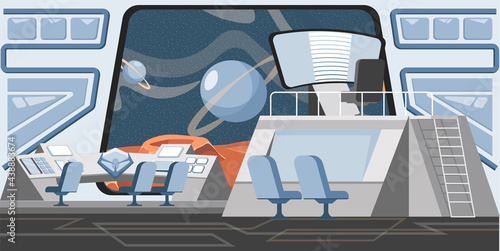 Launch control center vector flat illustration. Space exploring and colonization mission concept. Scientific and discovery center. Planet surface, space with Saturn, planets, stars, and satellites.