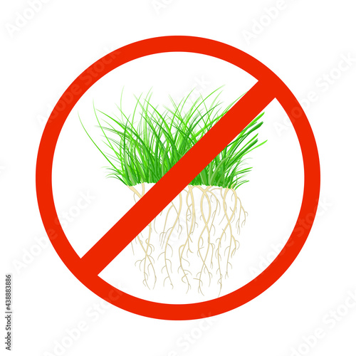 Weed control sign isolated on white background. Grass in round ban icon. Garden protection and maintenance. Weed removal equipment label. Stock vector illustration