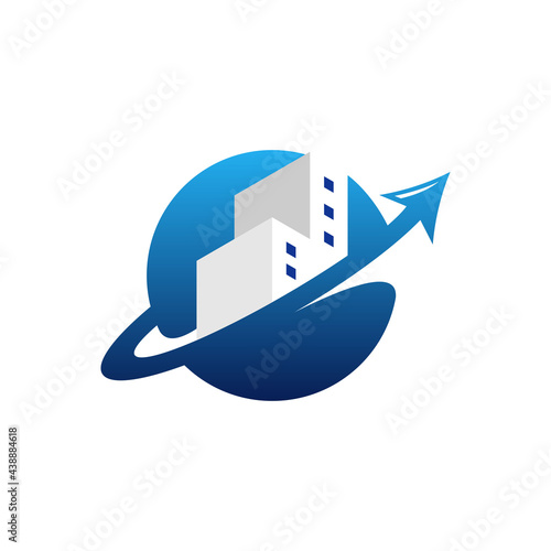 Globe Building Up Arrow Logo Design