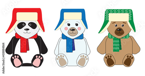 Three cute teddy bears: teddy, panda and polar bear, sitting in hats with earflaps and scarves