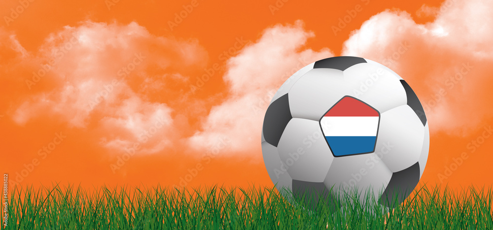 3D-illustratie. Football with flag of the Netherlands. Soccer ball on green  football grass field. Orange sky background banner. wk, ek sport 2021.  Holland or Dutch orange supporters. Stock Photo | Adobe Stock