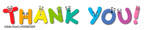 Thank you comic letters, with colorful happy and cute faces. Isolated vector illustration on white background.
