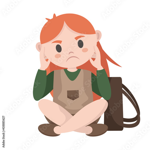 Sitting disgruntled schoolgirl. Pupil in cartoon style