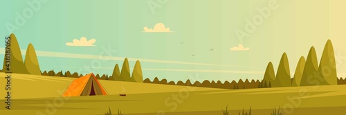 Camping in nature. Tourist vacation concept. Sunny day, landscape, nature and hills. Tent and bonfire in an open field. Flat style.