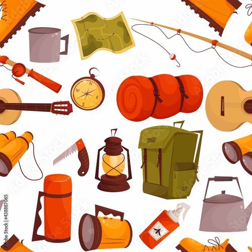 Hiking pattern with forest adventure and summer activity elements and icons. Seamless pattern for picnic and camping with equipment for a tourist trip or expedition.