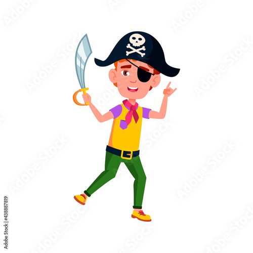 happy boy preteen wearing pirate hat and holding sword play with friends on backyard cartoon vector. happy boy preteen wearing pirate hat and holding sword play with friends on backyard character
