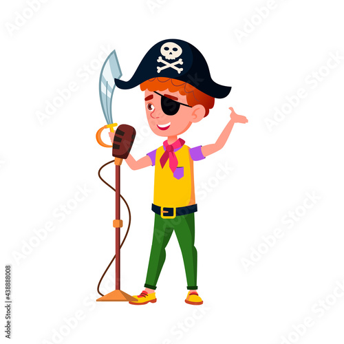 cute boy kid in pirate costume with sword singing in karaoke cartoon vector. cute boy kid in pirate costume with sword singing in karaoke character. isolated flat cartoon illustration