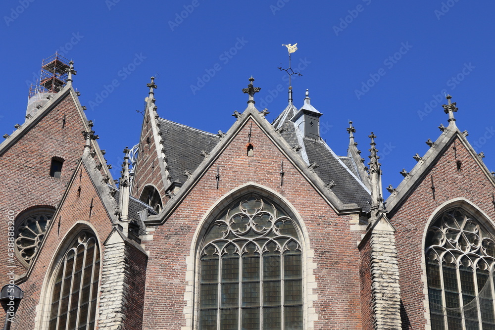 Amsterdam Oude Kerk Church Exterior Detail Against a Blue Sky, Red Light District