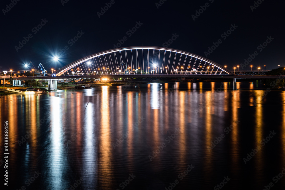 Nightscape of Apollo Bridge in Bratislava a road bridge over the Danube in the capital of Slovakia.