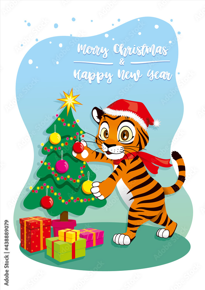 Naklejka premium Cartoon tiger in a hat decorates Christmas tree with toys for the New Year. Winter time. Happy New Year 2022 and Merry Christmas. Ideal for holiday card, postcard, poster, decoration