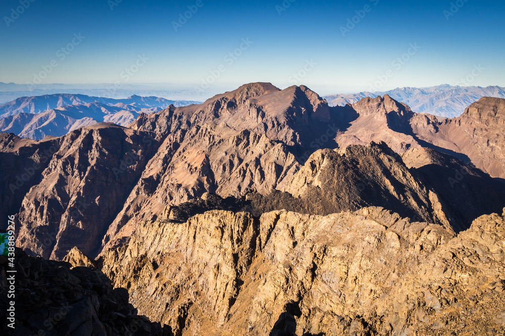 Panorama from Jabel Toubkal showing other highest mountain peaks of High Atlas mountains in Toubkal national park, Morocco, North Africa