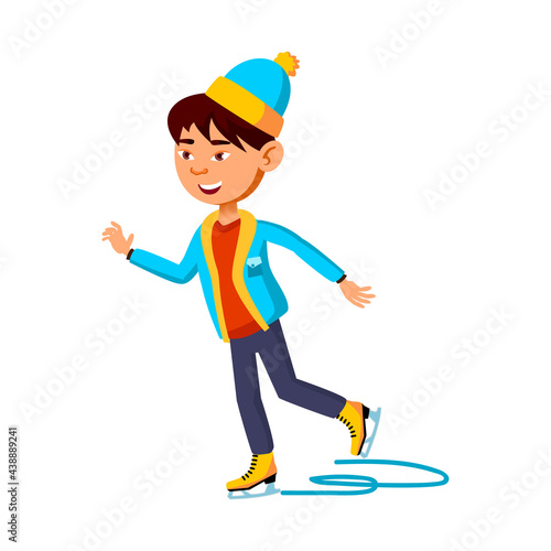 happy preteen boy riding skates on ice rink cartoon vector. happy preteen boy riding skates on ice rink character. isolated flat cartoon illustration