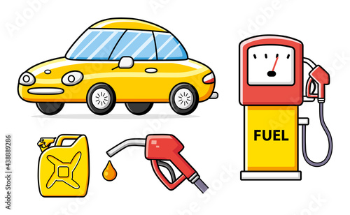 Yellow car, petrol fuel pump with nozzle and jerry can gallon canister isolated. Gas filling station set. 