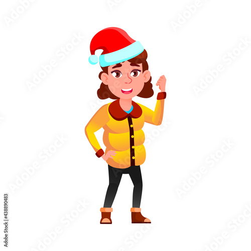 caucasian girl teen wearing santa hat celebrate christmas outside cartoon vector. caucasian girl teen wearing santa hat celebrate christmas outside character. isolated flat cartoon illustration