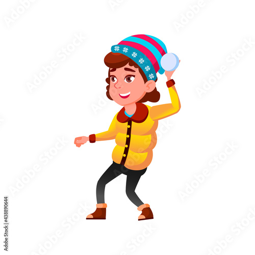 happiness caucasian girl playing snowballs with friends in park cartoon vector. happiness caucasian girl playing snowballs with friends in park character. isolated flat cartoon illustration