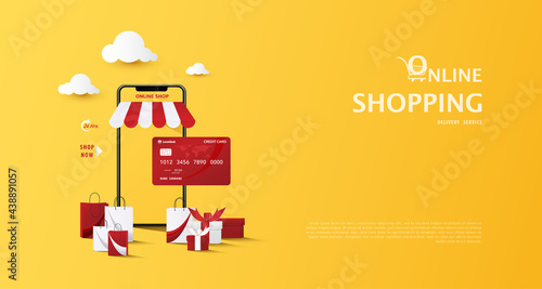 Concept of e commerce  online shopping on web stores through mobile phone and marketplace with credit card  shopping bags on yellow background. Vector Illustration