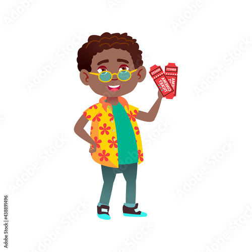 african boy holding tickets and inviting friend to cinema cartoon vector. african boy holding tickets and inviting friend to cinema character. isolated flat cartoon illustration