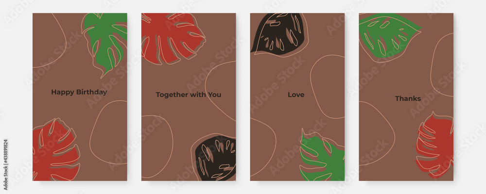 Fototapeta premium Vector design templates in simple modern style with copy space for text, flowers and leaves - wedding invitation backgrounds and frames, social media stories wallpapers