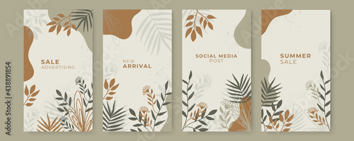 Vector design templates in simple modern style with copy space for text, flowers and leaves - wedding invitation backgrounds and frames, social media stories wallpapers
