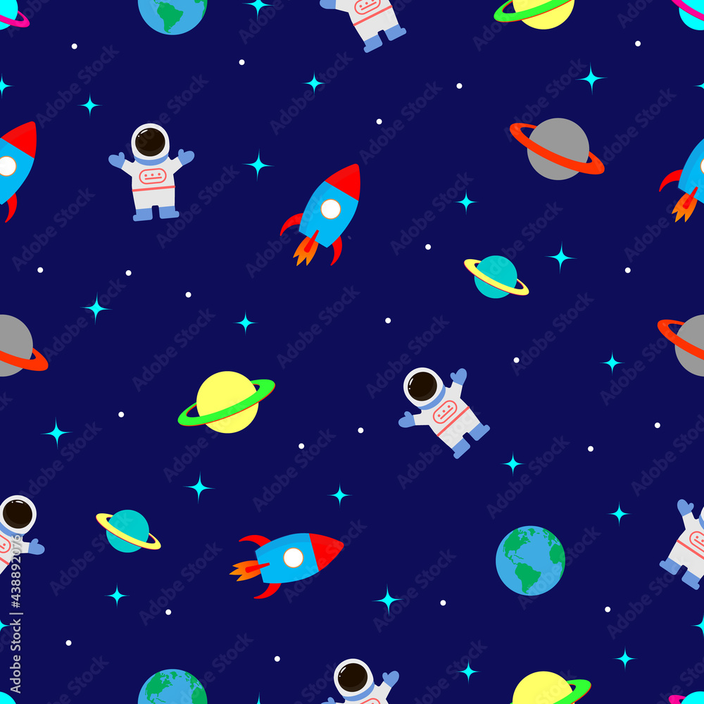 flat space seamless pattern background. Cute colored template with astronaut, spaceship, rocket, vector illustration