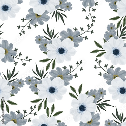 seamless pattern of grey and white flower bouquet for fabric design